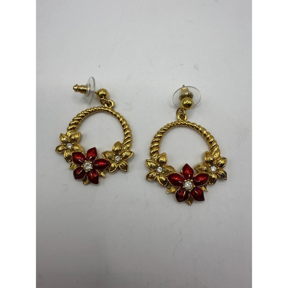 The Unbranded Brand Jewelry - Vintage Avon Gold Tone Floral Hoop Earrings Red Enamel Rhinestone Dangle